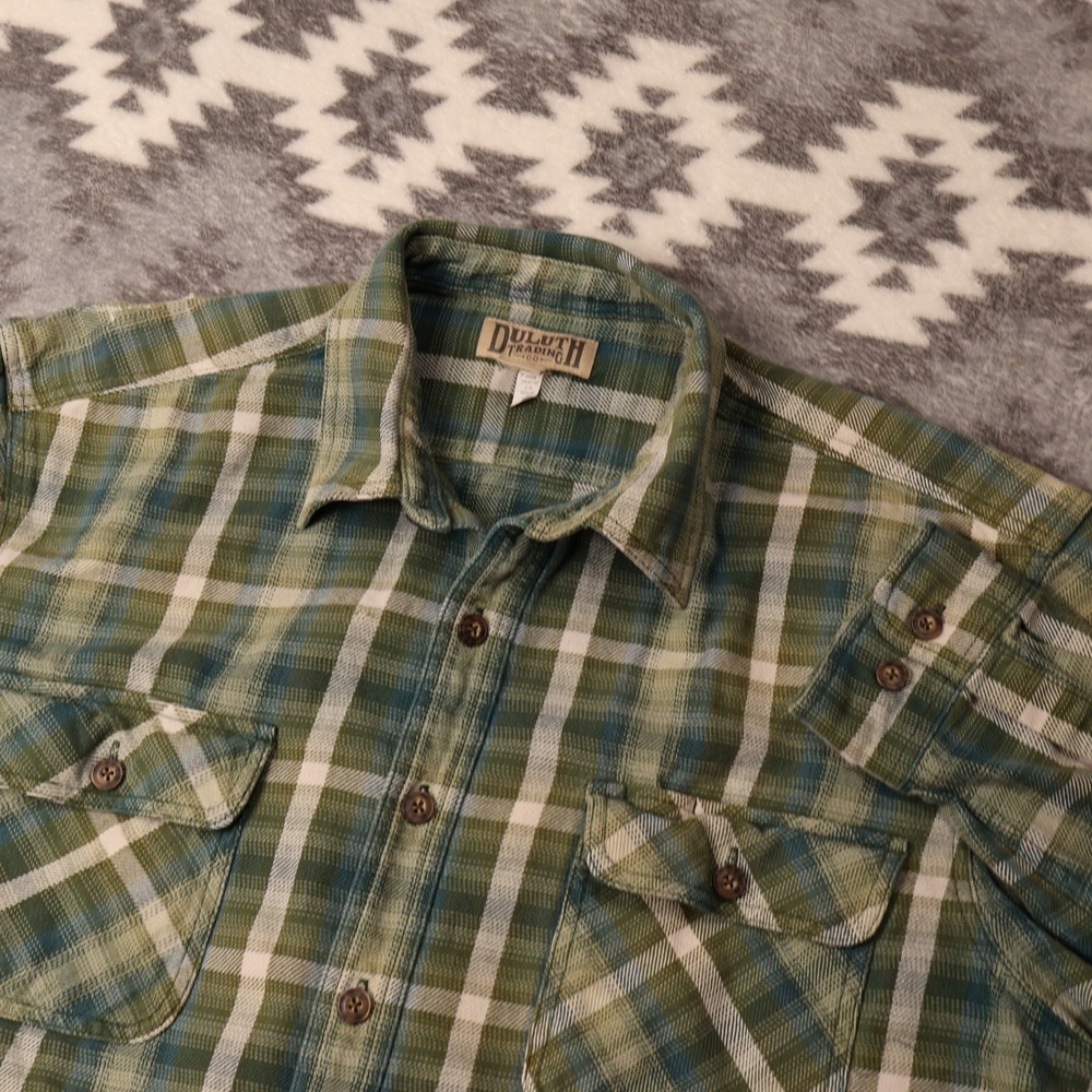 Duluth Trading Co Green Plaid Flannel Shirt Mens 2XL Tall Long Sleeve ButtonDown